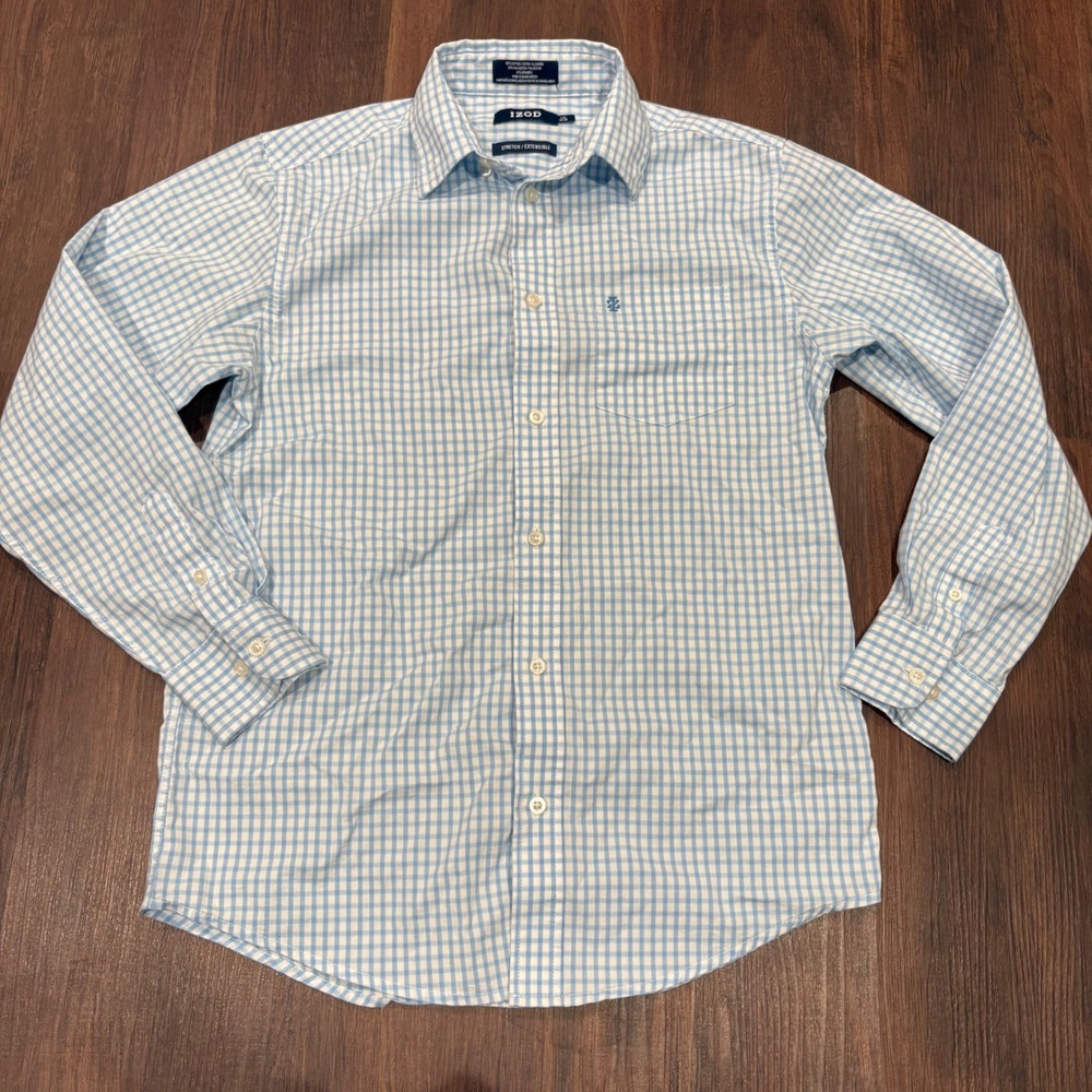 IZOD Boys Gingham Button Down Shirt L 14/16 Light Blue White Preppy Scholar Ivy
